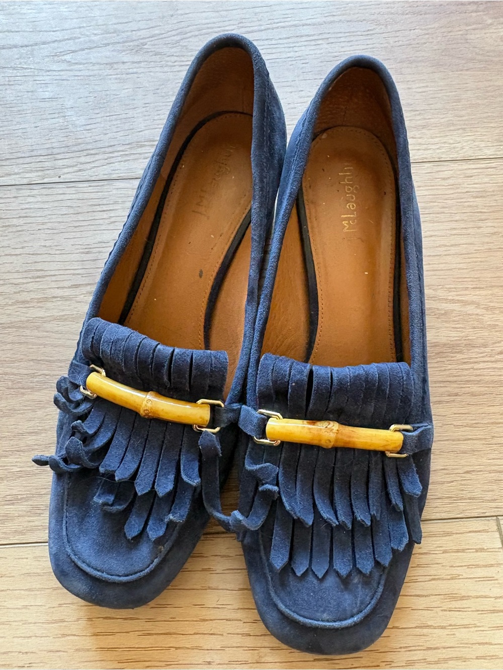 J McLaughlin Shoes Suede PENNY Loafer Pumps Size 8.5 Block Heel Navy